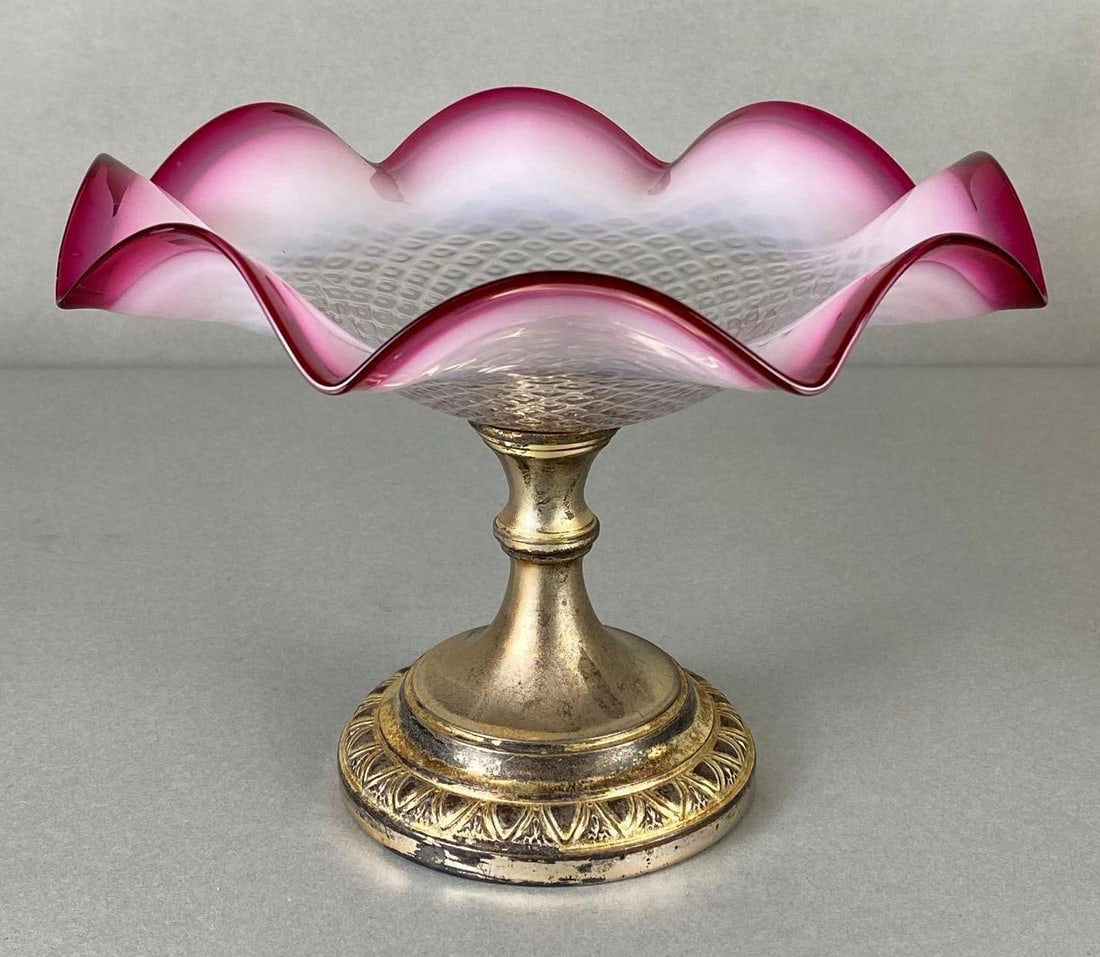 Pink Opalescent Quilted Glass Compote with Silverplate Base (1 of 5)