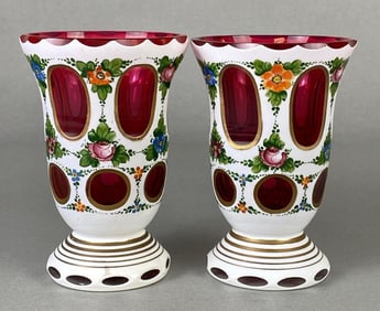 Pair of Bohemian White Overlay Cut to Cranberry Floral Glasses