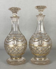 Pair of Clear Cut Glass Decanters with Gold Gilt Accents