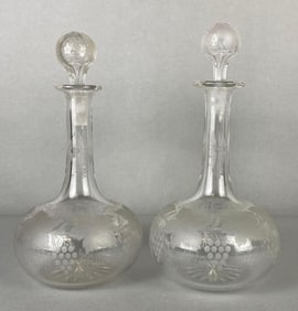 Pair of Clear Cut Glass Grape Leaf Decanters