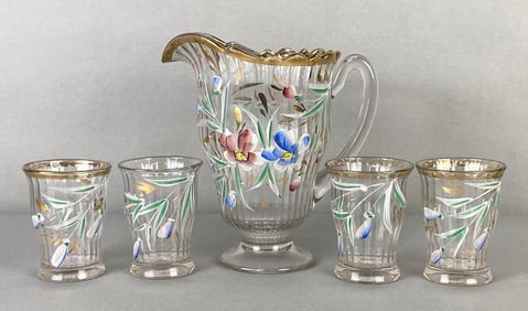 Clear Glass Floral Painted Pitcher and Glasses Set