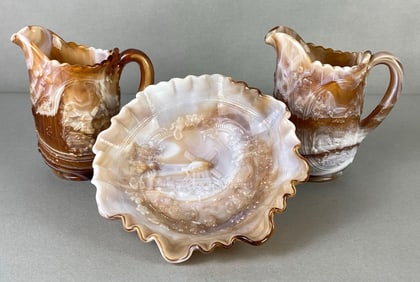 Group of 3 Acro Agate Carmel Slag Glass Items