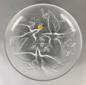 Verlys Bird and Dragonfly Clear Art Glass Centerpiece Bowl