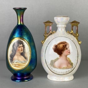 Group of 2 Iridescent Porcelain Portrait Vases