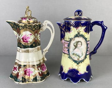 Group of 2 Antique Porcelain Coffee Pots with Hand-painted Accents