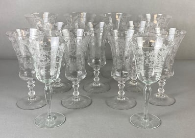 Group of Etched Clear Crystal Glass Wine Goblets