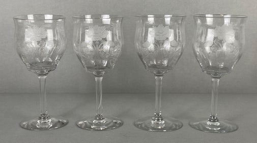 Set of 4 Etched Lotus Flower Clear Crystal Glass Wine Glasses