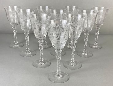 Set of 10 Tiffin Byzantine Pattern Etched Clear Crystal Glass Wine Goblets