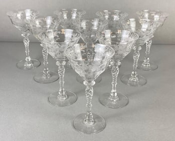 Set of 10 Etched Clear Crystal Glass Wine Goblets