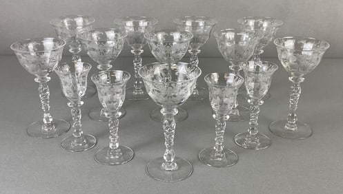 Group of Etched Clear Crystal Glass Sherry and Cordial Glasses