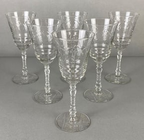 Group of Clear Pressed Glass Floral Pattern Wine Glasses