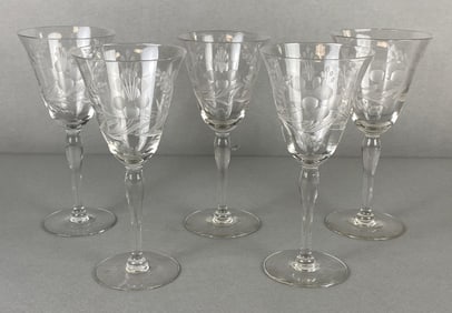 Group of Clear Etched Glass Floral Pattern Wine Glasses