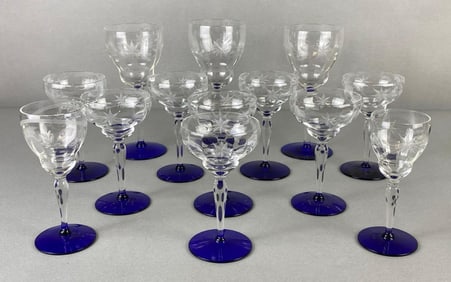 Group of Etched Glass Wine and Sherry Glasses with Blue Glass Bases
