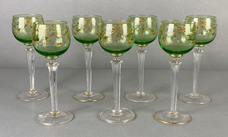 Group of 7 Green Glass Sherry Glasses with Gold Gilt Accents