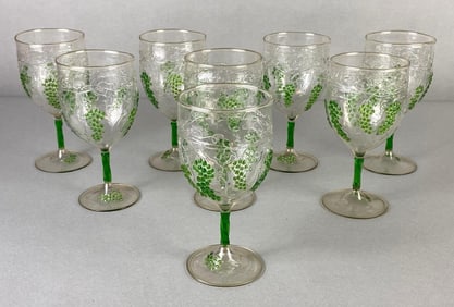 Set of 8 Venetian Clear Glass Wine Glasses with Raised Grape and Vine Motif