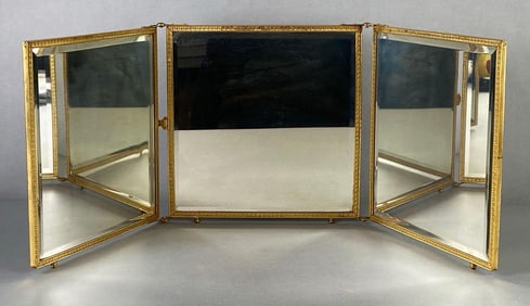 Brass Tri-Fold Celluloid Dresser Vanity Mirror