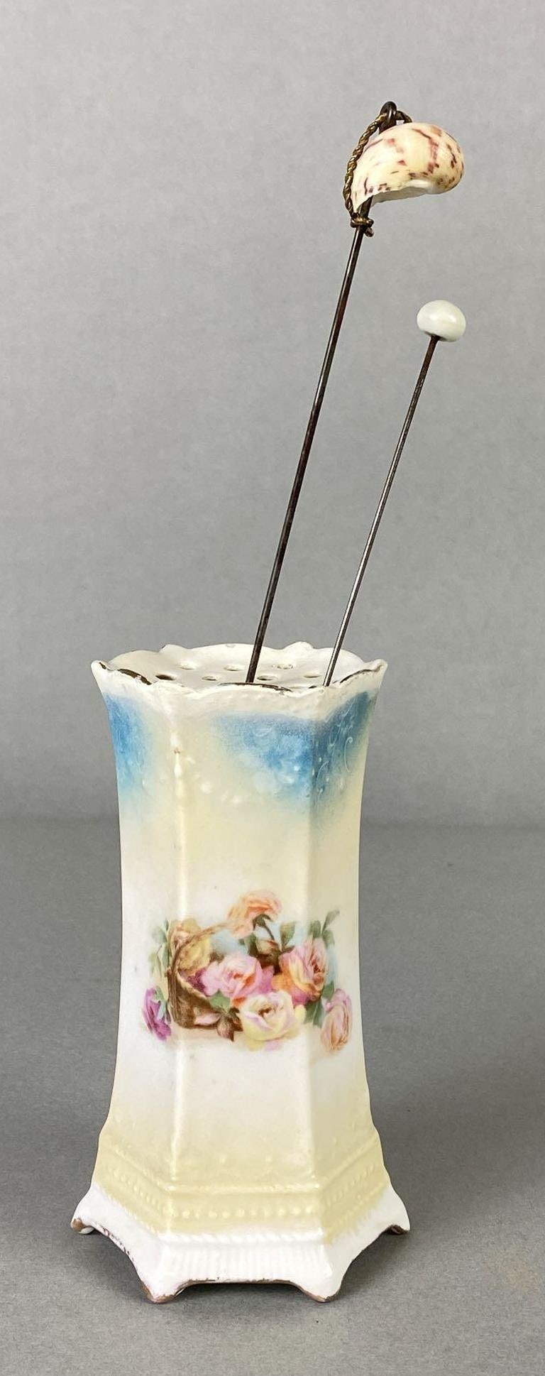 R.S. Prussia Porcelain Hat Pin Holder with 2 Hat Pins (1 of 7)