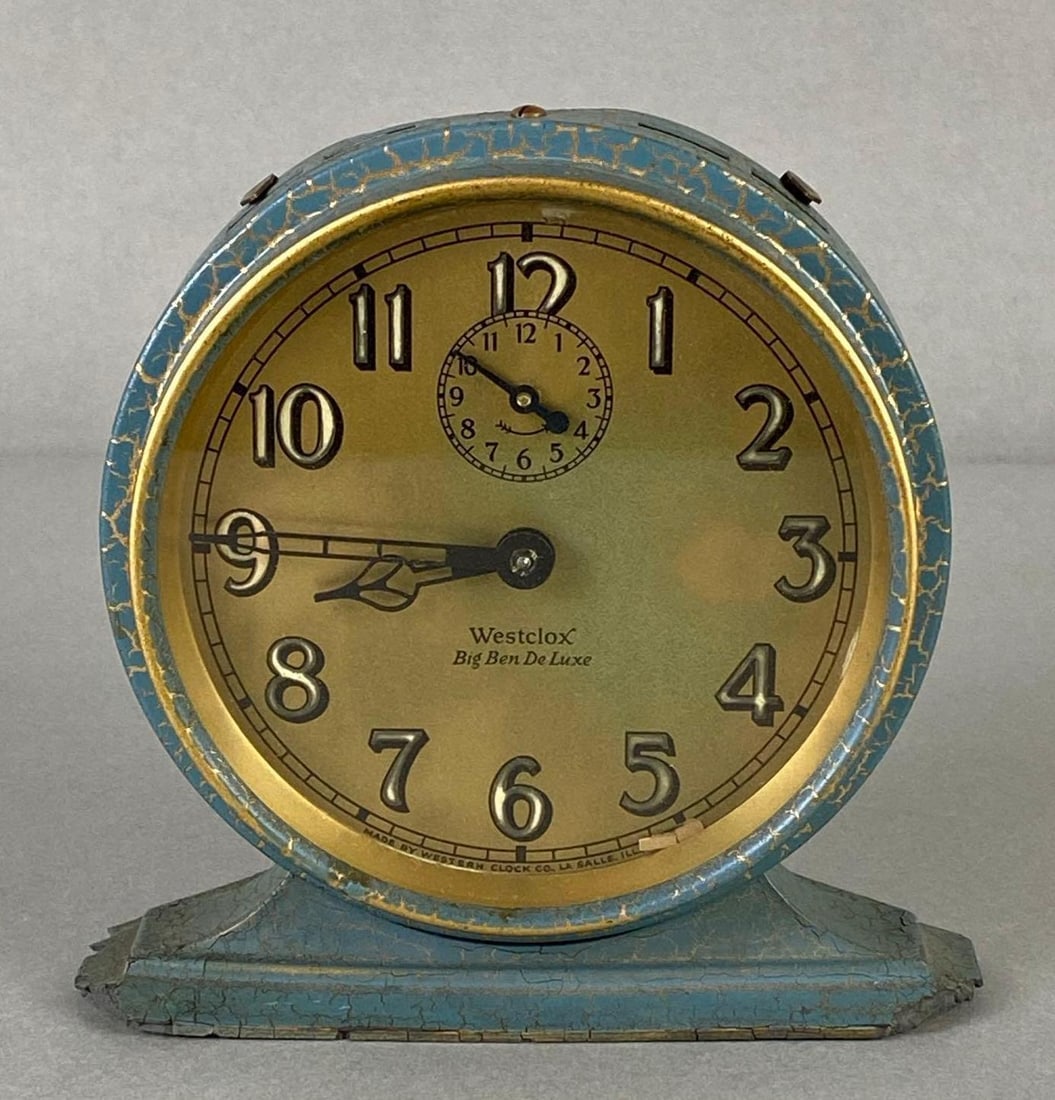 Westclox Big Ben DeLuxe Blue Crackle Alarm Clock: Unknown working condition, Some dents, Some large chips around edges, Measures 6 x 6 x 2 1/2 inches.