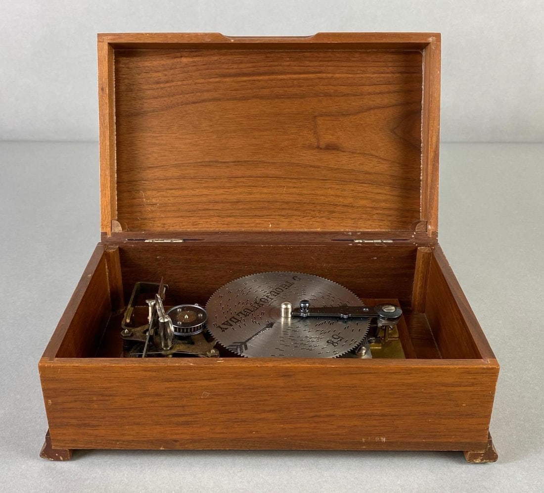 Vintage Disk Music Box with O Thou Joyful Day: In working condition, Box measures 11 x 6 1/2 x 4 1/4 inches.