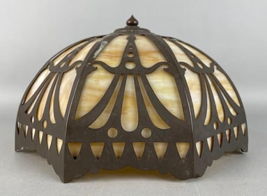 Antique 8 Panel Slag Glass and Brass Lamp Shade