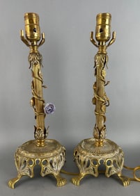 Pair of Antique Brass Candlestick Lamps with Ivy