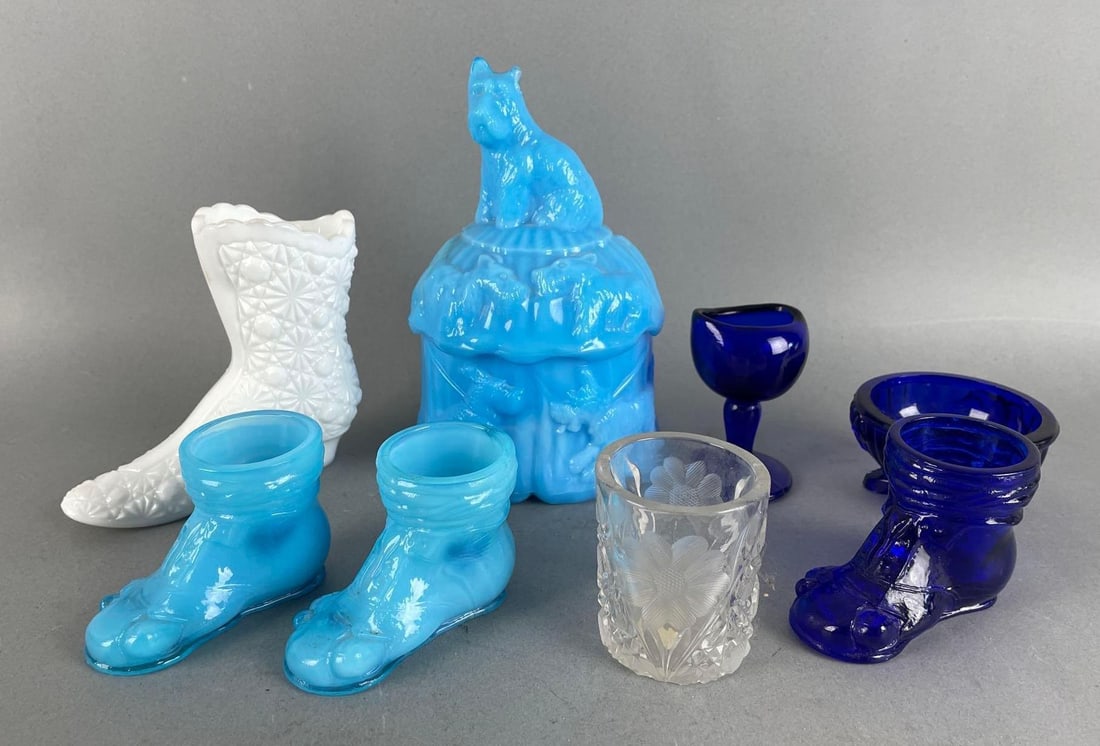 Group of Vintage Glass Toothpick Holders and More: Includes milk glass boot, dog dish with broken ear, John Bull cobalt eye wash cup. Largest measures 6 1/4 x 4 inches