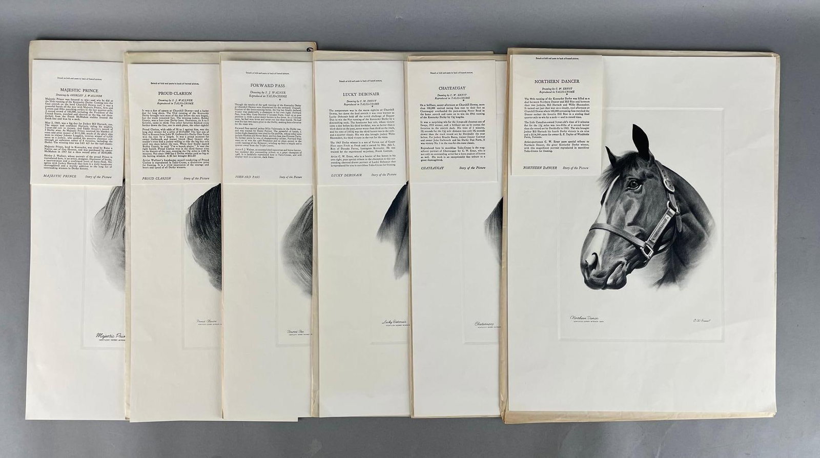 Group of 6 1960s Kentucky Derby Winner Art Lithographs: Prints of etchings of each horse, includes original envelopes and story cards. Each measure 16 x 12 inches