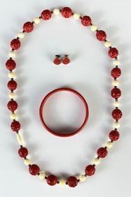 Carved Chinese Red Cinnabar Jewelry Set