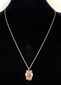 835 Sterling Silver Necklace with Native American Red Coral Pendant