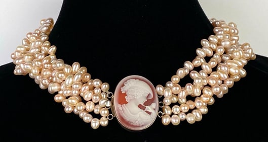 Sterling Silver Pink Pearl Cameo Choker Necklace