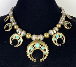 American West Sterling Silver and Brass Turquoise Necklce