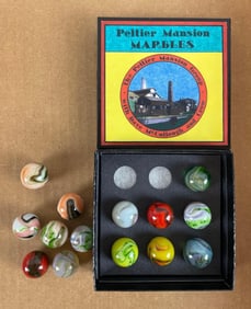 Group of Peltier Glass Co. Ottawa IL Marbles with Reproduction Box