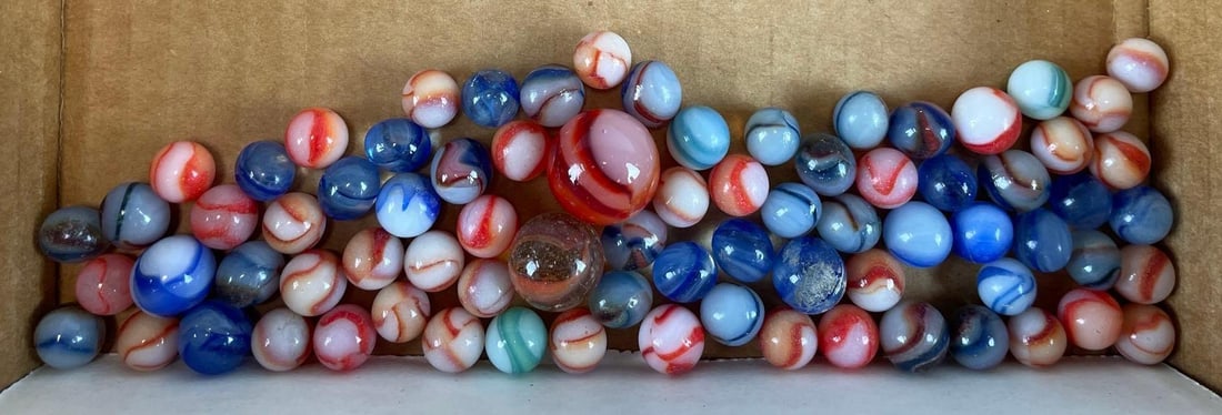 Group of 70+ Peltier Glass Co. Marbles: Range in size from .36 - .73 inches