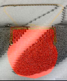 Antique Orange Beaded Purse with Mirror