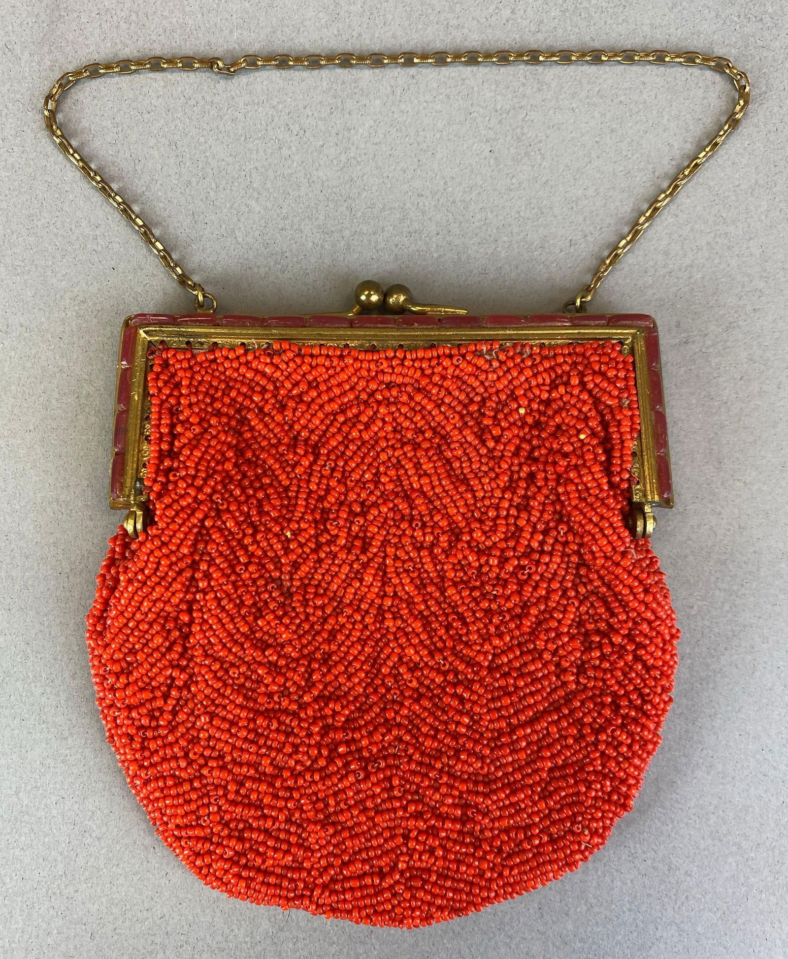 Antique Orange Beaded Purse with Mirror (1 of 5)