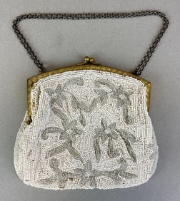 Antique White Beaded Purse with Floral Design