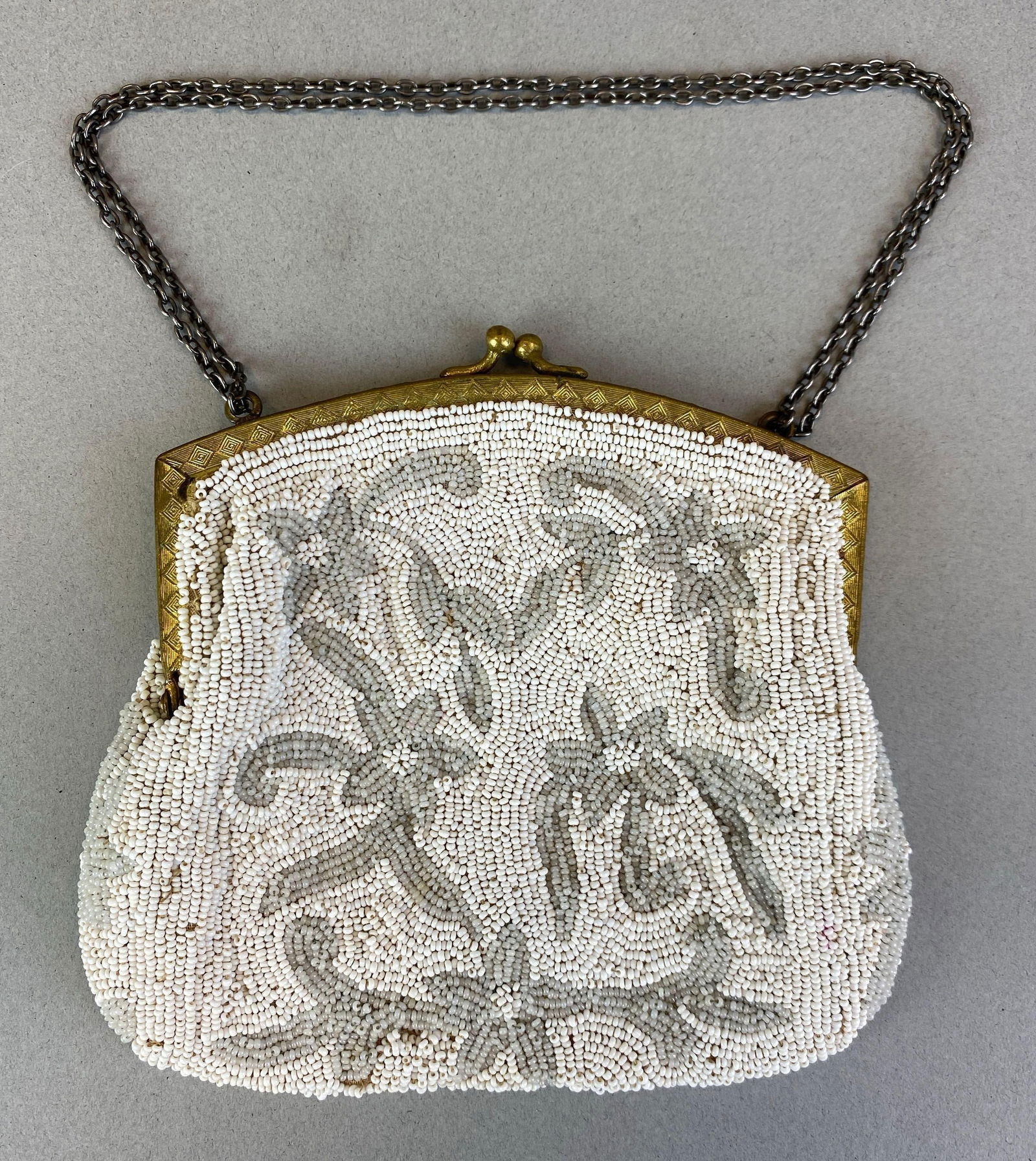 Antique White Beaded Purse with Floral Design (1 of 3)