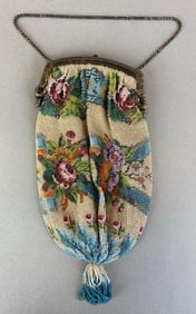 Antique Beaded Purse With Floral Design