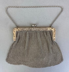 Antique Sterling Silver Mesh Purse with Floral Clasp
