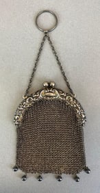 Antique Sterling Silver Mesh Purse with Floral Clasp
