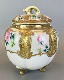Antique Nippon Hand Painted Rose and Gilt Porcelain Jar