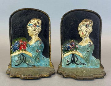Pair of Brass Hand Painted Victorian Woman Bookends