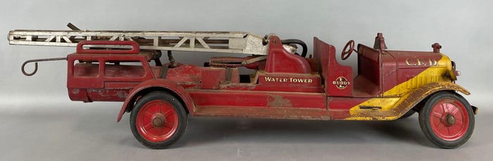 Antique Buddy L Pressed Steel C.F.D. Water Tower Fire Truck