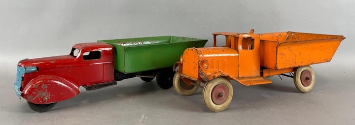 Group of 2 Vintage Wyandotte Pressed Steel Dump Trucks
