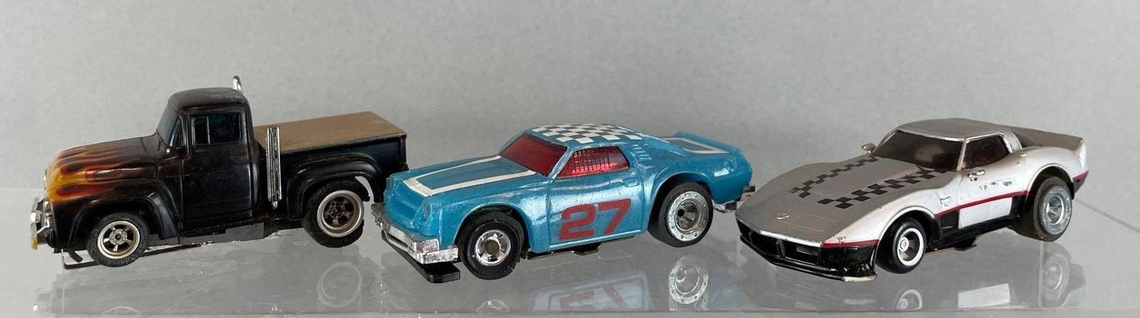 Group of 3 Slot Cars: 1/64 scale, includes 1978 ideal jam cart, 1977 ideal MK2, pickup truck