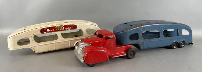 Vintage Marx Pressed Steel Auto Transport and Extra Trailer