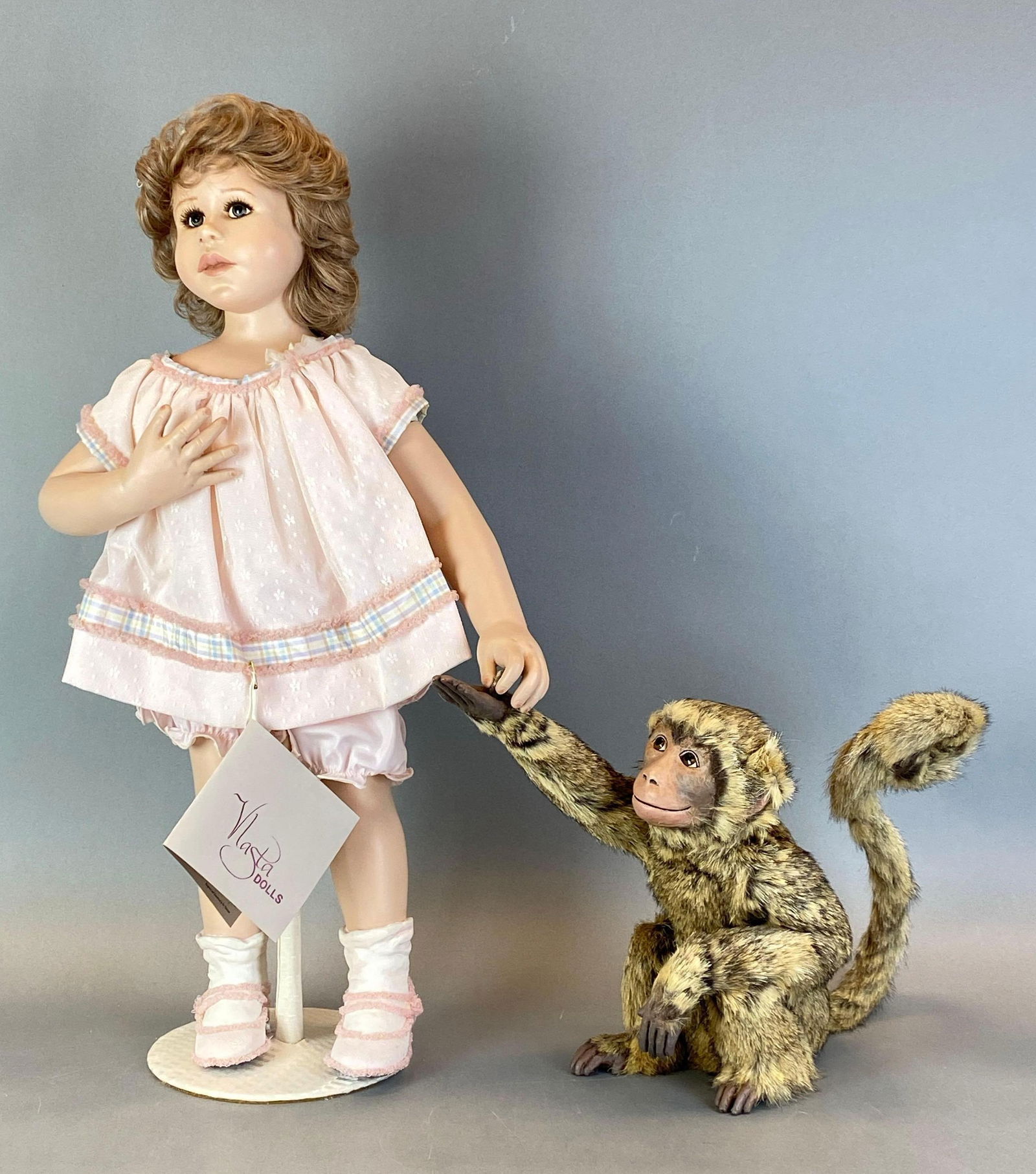 Vlasta Dolls Roxanne and Organ Grinder Monkey Dolls: Both in original shipping boxes, Roxanne’s coin reattached with tape, Roxanne measures 24 1/2 inches tall