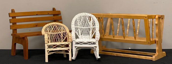 Group of 4 Wood and Wicker Doll Furniture