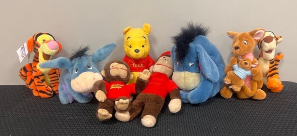 Group of 9 Winnie the Pooh and Curios George Stuffed Plush Toys