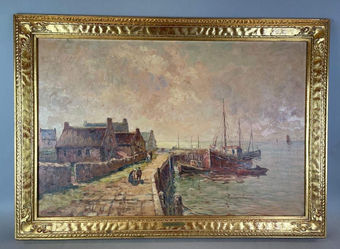 Signed William Ward Jr. Nautical Dock Scene Oil Painting on Canvas (1 of 2)
